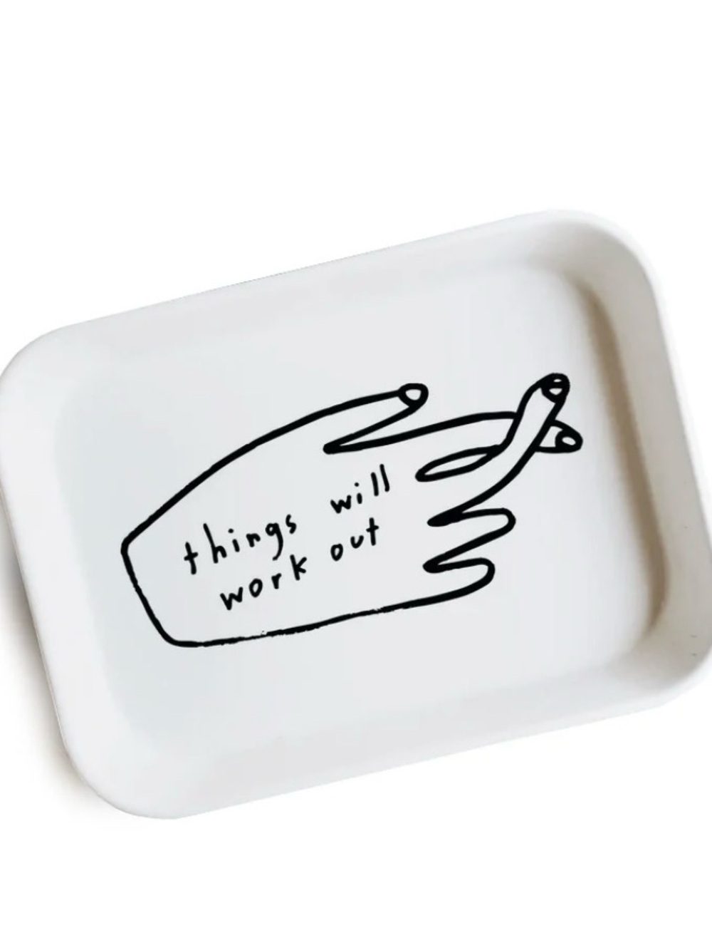 White Bamboo Melamine Trinket Tray with 'things will work out' Hand Illustration